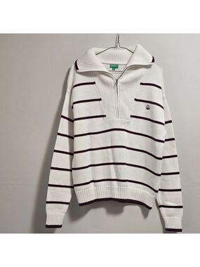 United Colors of Benetton White,burgundy Striped Sweater with Quarter-Zip